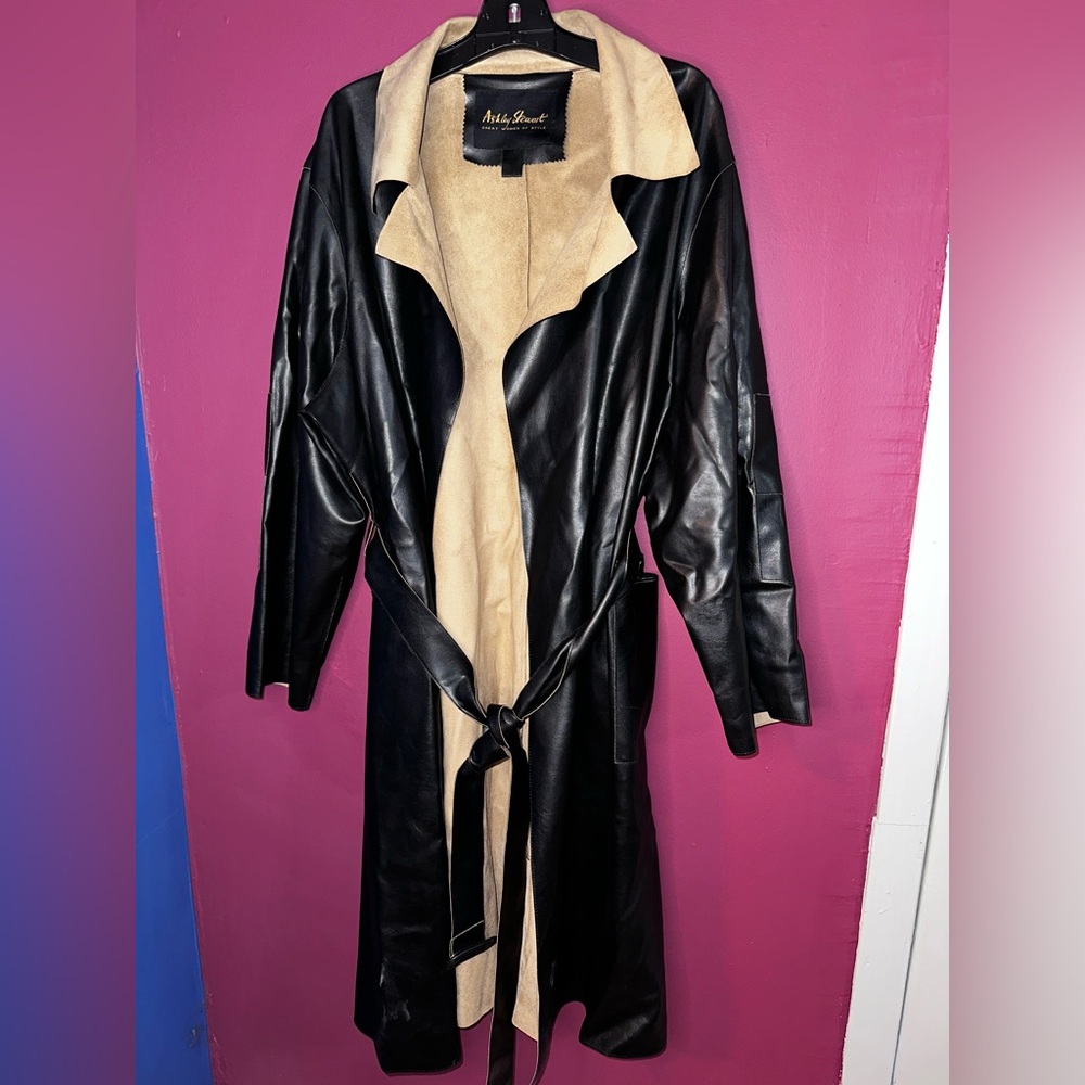 Black and cream vintage leather trench coat leather